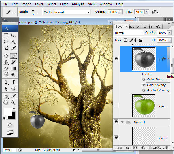 Golden apple tree. Magic scene. Adobe Photoshop Tutorial.
